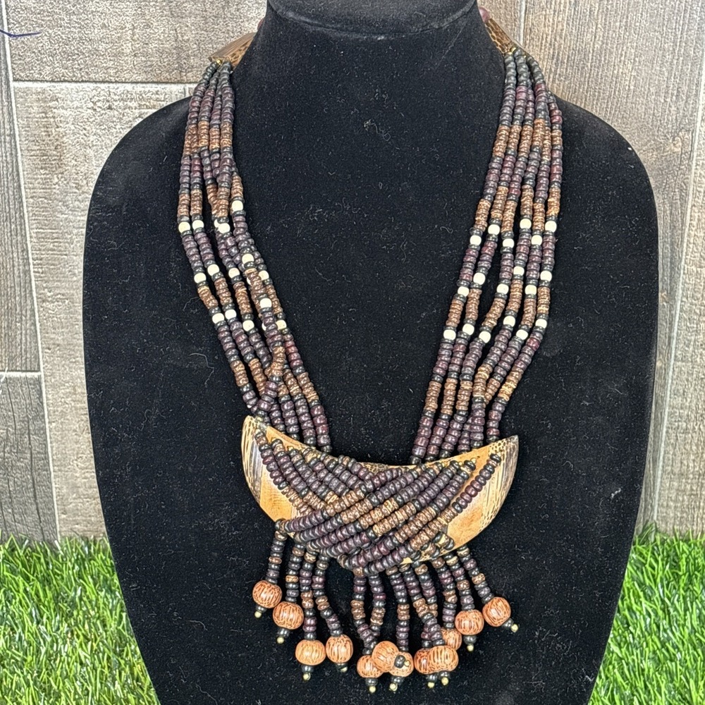 Vintage Boho Tribal Beaded Necklace Wood Crescent Pendant Statemen